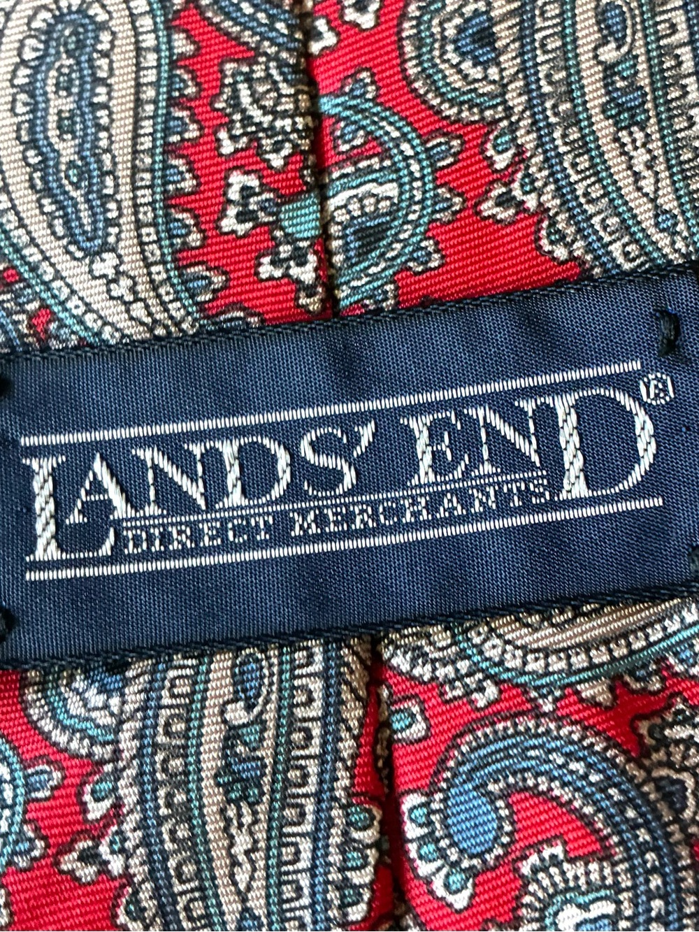 Lands' End 100% Silk Red Paisley Tie with Blue and Cream Accents - Picture 4 of 5